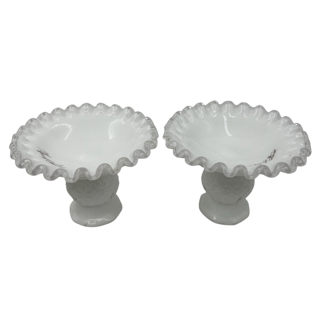 Vtg Fenton Violets in the Snow Silver Crest Candlesticks Pair HandPainted Signed